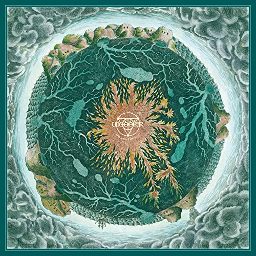 Circular album art with teal and gold organic, branching designs.