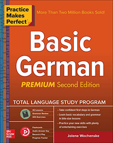 The book cover for Practice Makes Perfect: Basic German, Premium Second Edition.