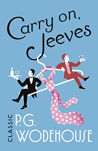 "Book cover with bright pink background, yellow car, and 'Carry On, Jeeves' title."