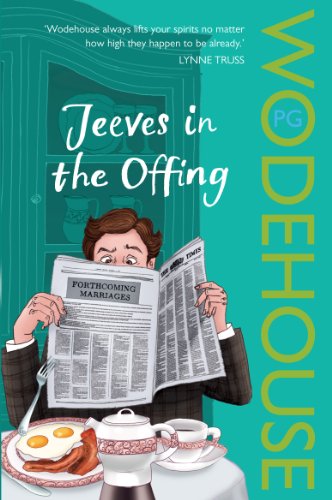 Book cover: Man reading newspaper over breakfast, “Jeeves in the Offing.”