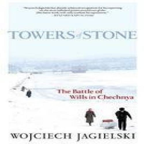 Book cover: snowy landscape with figures, title “Towers of Stone.”