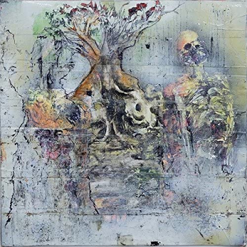 Abstract painting of a tree, skull, and distorted figures in grey tones.