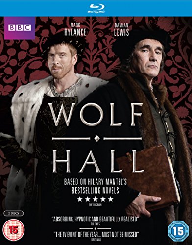 Wolf Hall" Blu-ray cover featuring Mark Rylance and Damian Lewis in period costumes.