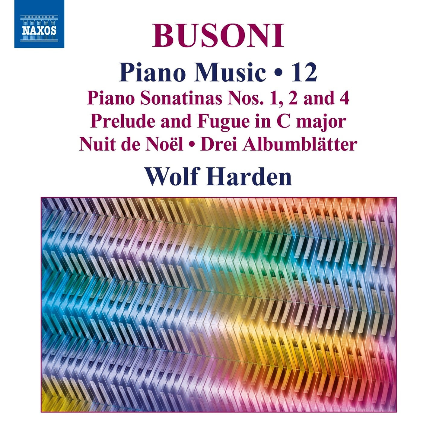 CD cover for Busoni piano music, featuring colorful piano keys.