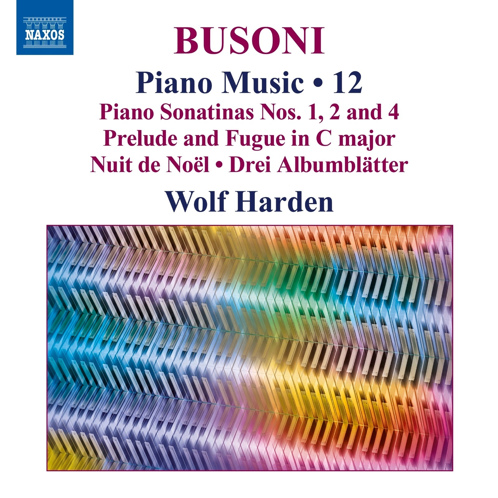 CD cover for Busoni piano music, featuring colorful piano keys.