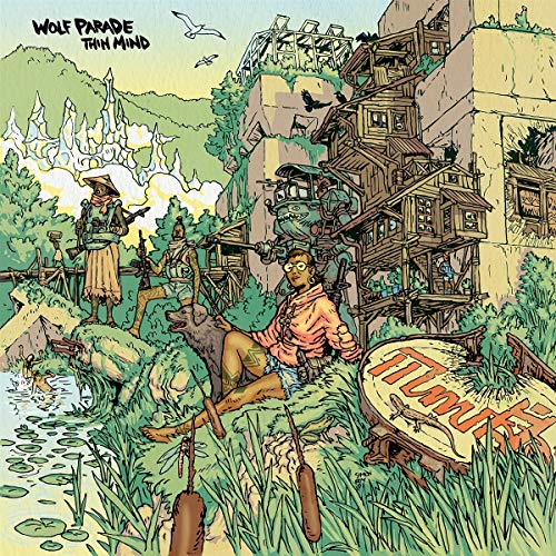 "Vinyl record cover with illustration of fantastical, surreal landscape and characters."