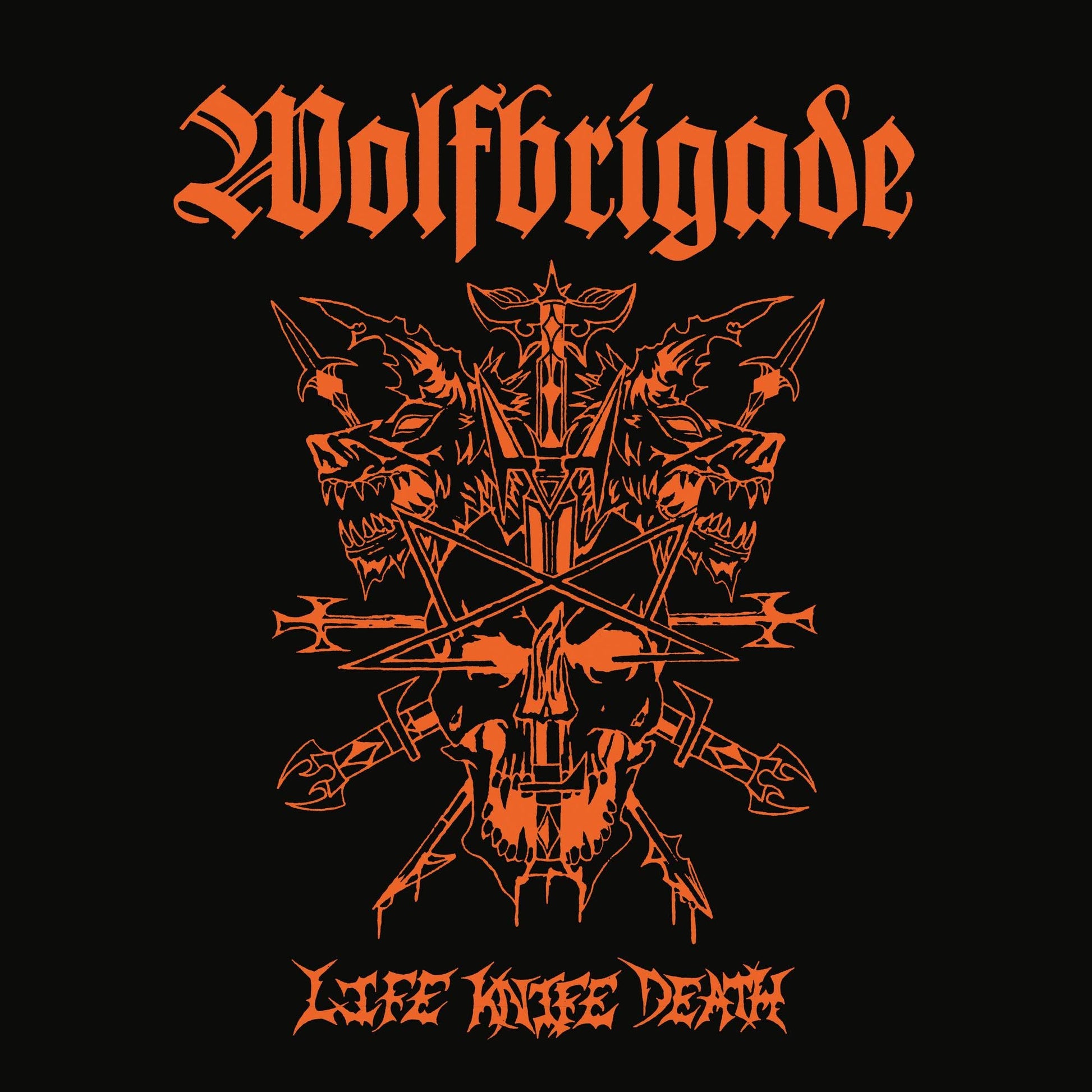 Orange Wolfbrigade CD cover with skulls, knives, and band logo on black.