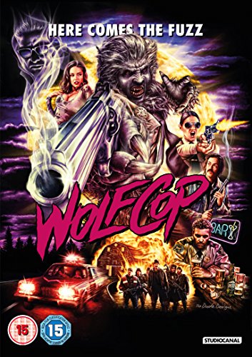 DVD cover for "Wolfcop" featuring a werewolf police officer and gunfight.
