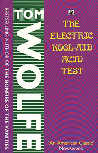 Book cover for The Electric Kool-Aid Acid Test by Tom Wolfe with purple background.