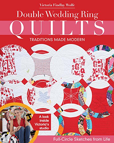 Book cover featuring a red and white double wedding ring quilt pattern.
