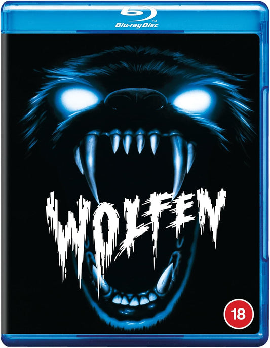 Blu-ray cover art featuring a snarling wolf with glowing eyes and title text Wolfen.