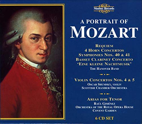 CD cover featuring a portrait of Mozart and a list of musical works included.