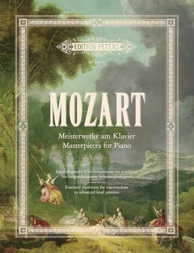 Sheet music cover for Mozart’s piano masterpieces, framed by a landscape.