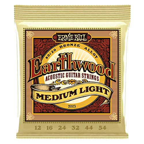 Ernie Ball Earthwood medium light acoustic guitar strings in a tan-colored plastic package.