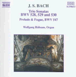 CD cover with ornate organ pipes and text about J.S. Bach's organ works.