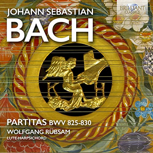 CD cover for Bach’s Partitas, featuring a gilded lute-harpsichord image.