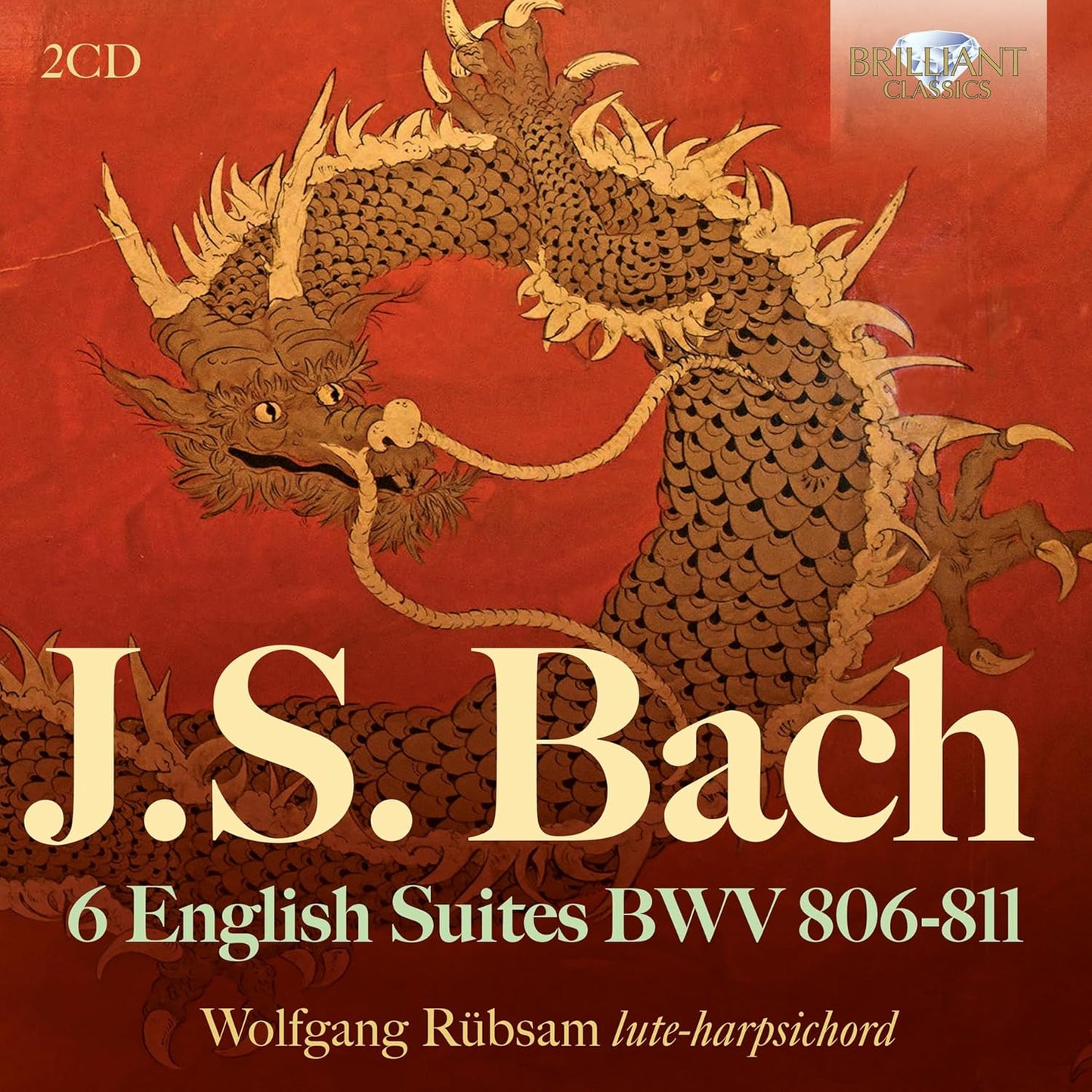 CD cover: golden dragon illustration, “J.S. Bach” text, Wolfgang Rubsam recording.