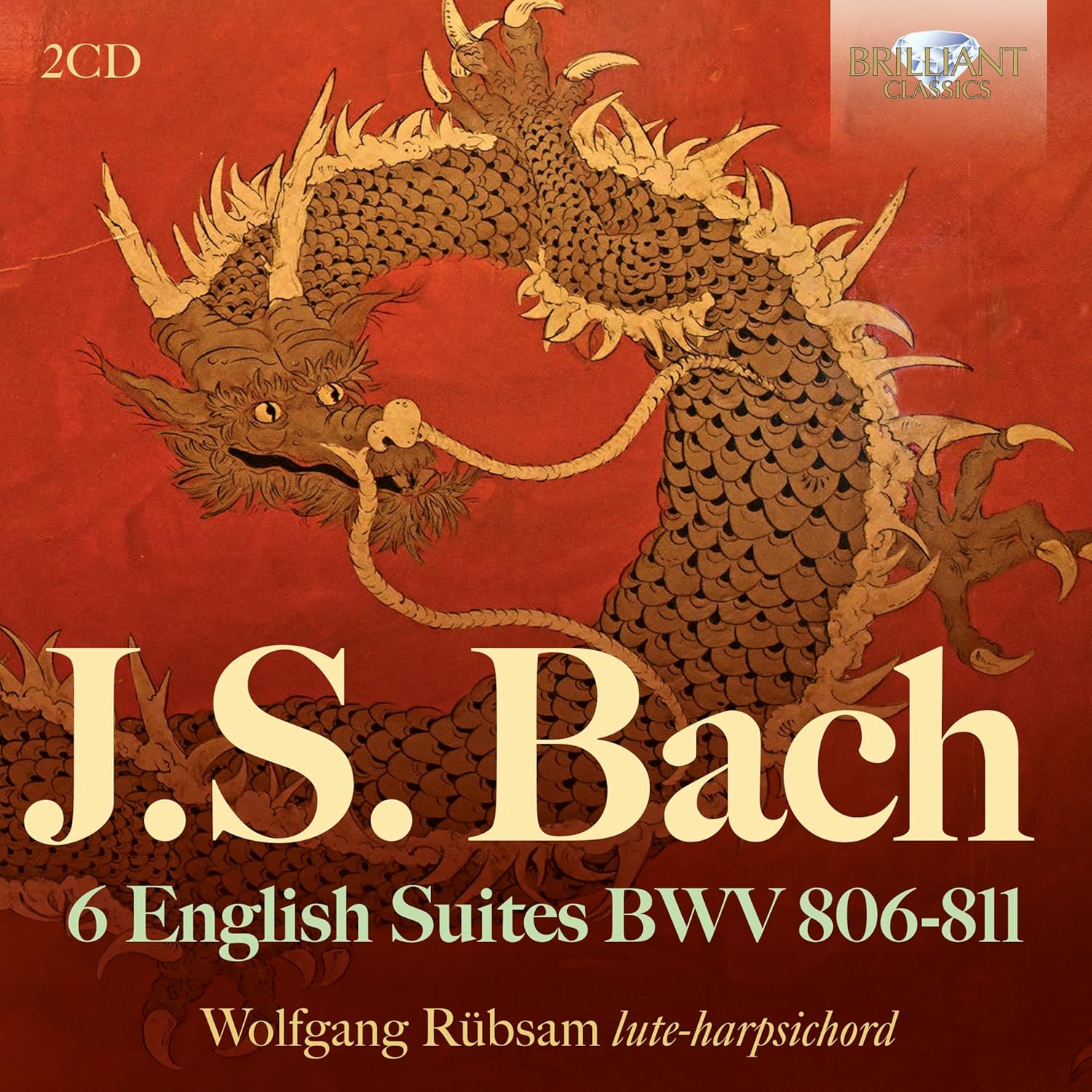 CD cover: golden dragon illustration, “J.S. Bach” text, Wolfgang Rubsam recording.