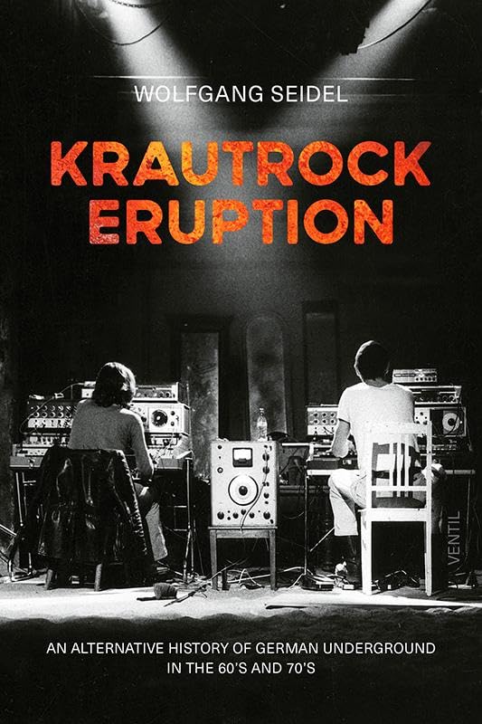 Black and white cover of "Krautrock Eruption" showing musicians with equipment.