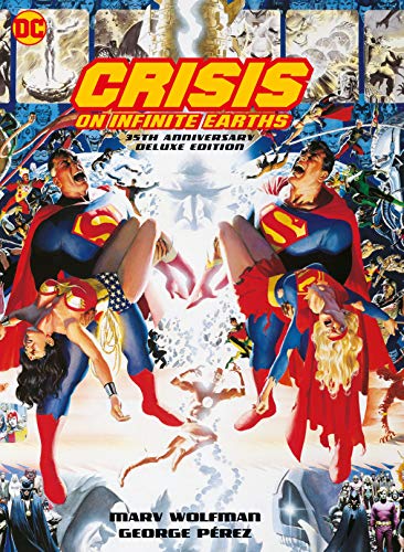 Superman carries Wonder Woman and Supergirl against a backdrop of many DC comic characters.