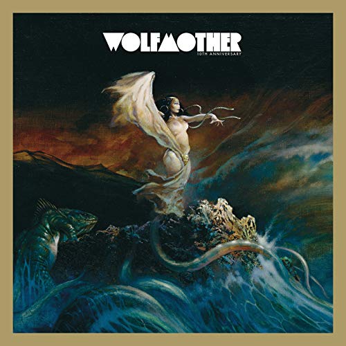 Wolfmother album cover: winged figure rising from stormy ocean with sea monster.