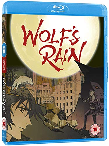 Wolf's Rain" Blu-ray case featuring anime characters and a moonlit cityscape.