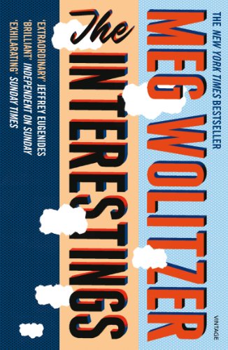 Book cover for The Interestings by Meg Wolitzer featuring bold text and white clouds.