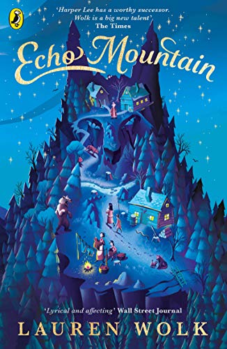 Book cover illustration of a mountain at night with people, cabins, and a bear.