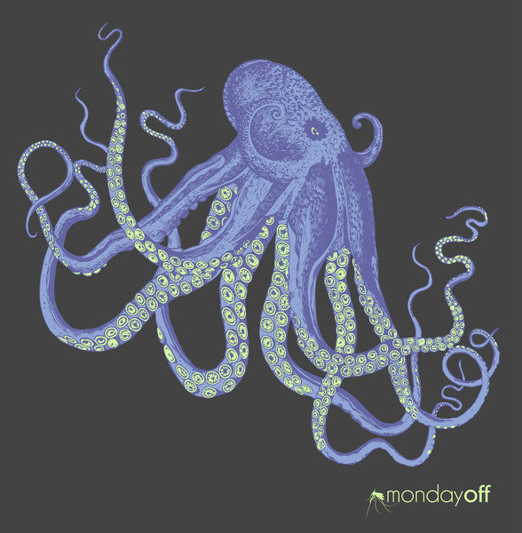 Blue octopus illustration with patterned tentacles against a dark gray background.