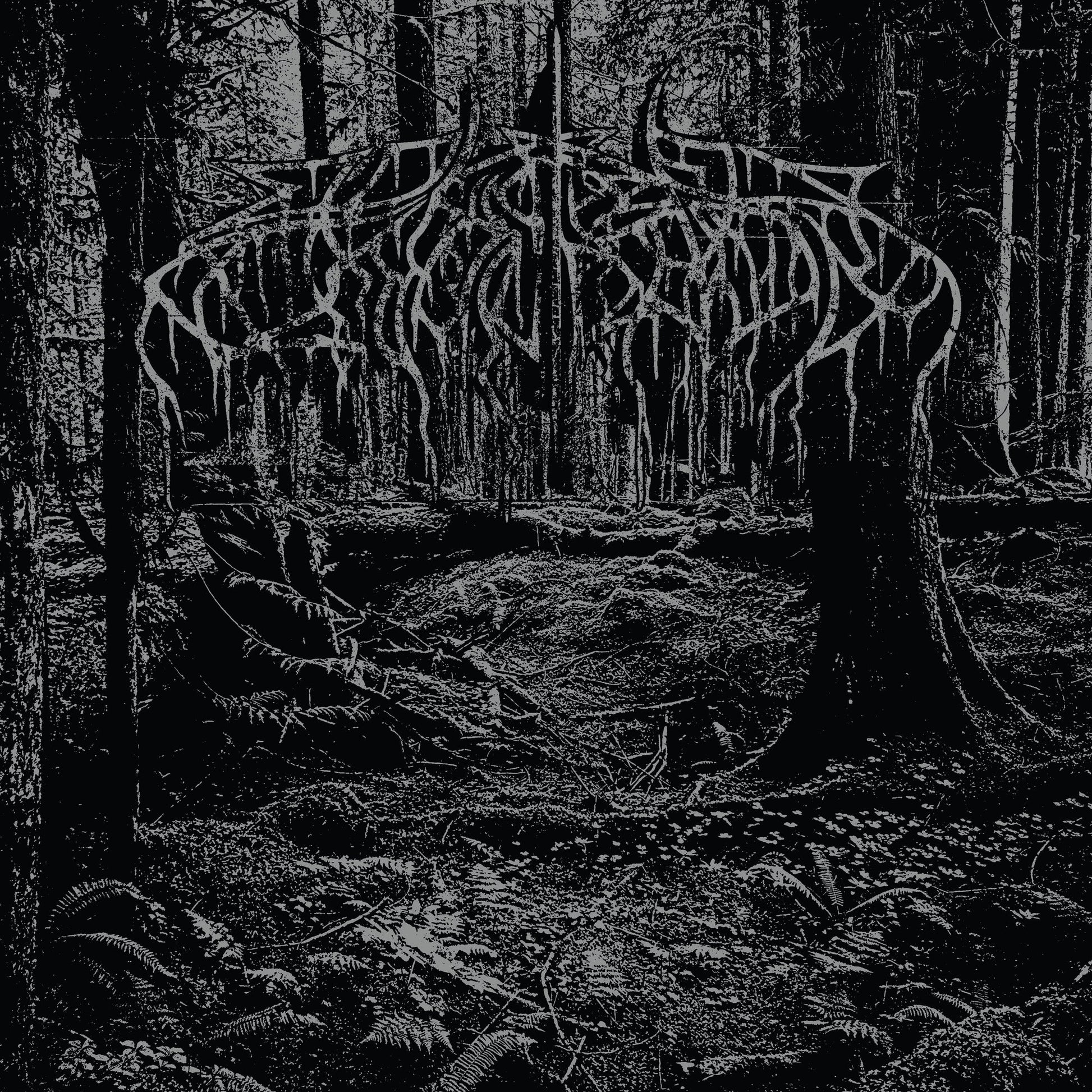 Black and white forest scene with ornate, thorny band logo.