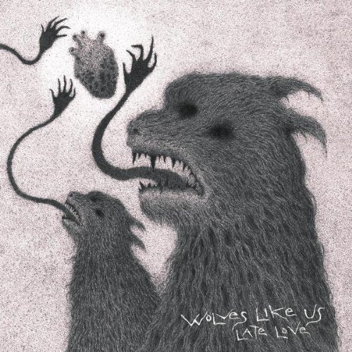 "Black and white illustration of two wolves biting a rat's tail."