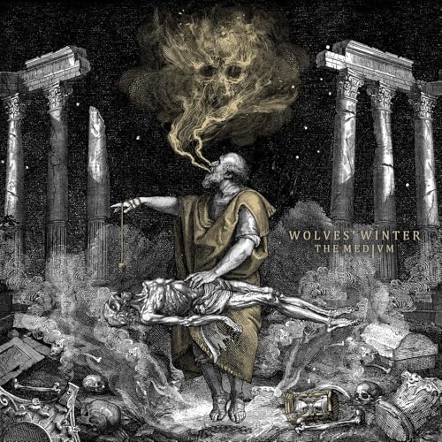 Dark, detailed illustration of a figure with a skeletal form and ruins.