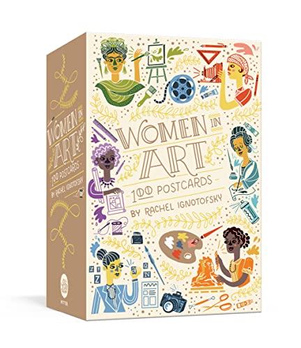Box of “Women in Art” postcards with illustrated portraits and art tools.