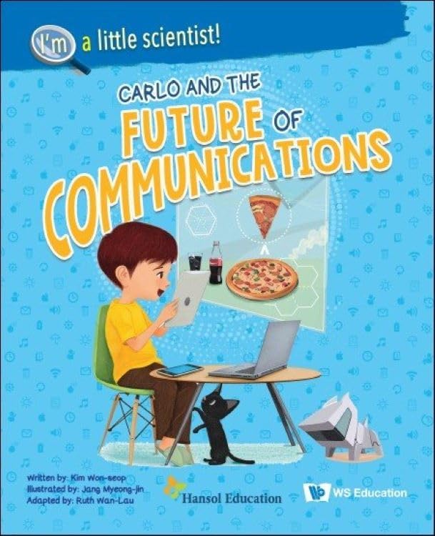 Book cover featuring a boy with tablets and a cat, about future communications.