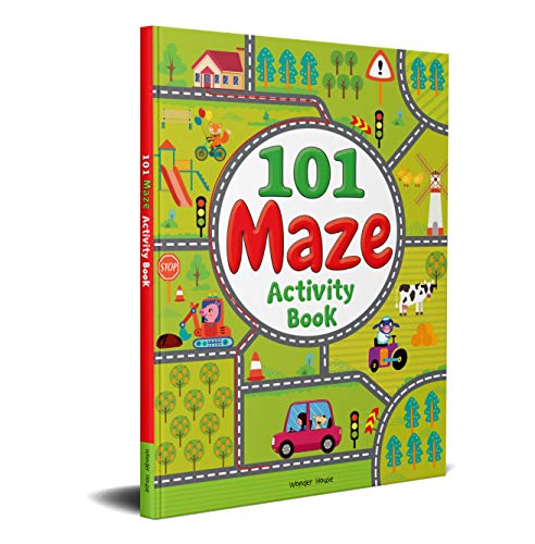 Colorful children’s maze activity book with roads, vehicles, and numbers.