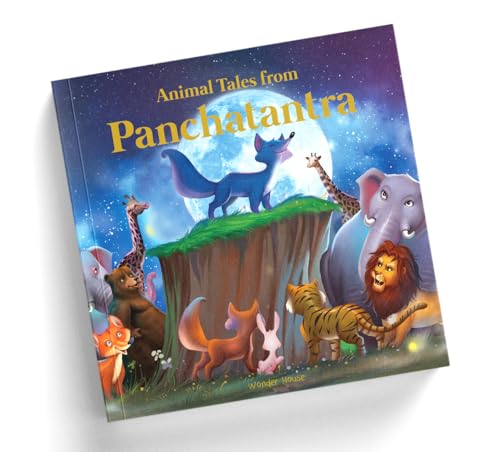 Book cover titled Animal Tales from Panchatantra featuring various animals in a night landscape.