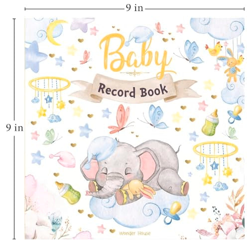 Baby record book cover with elephant, butterflies, and floral designs.