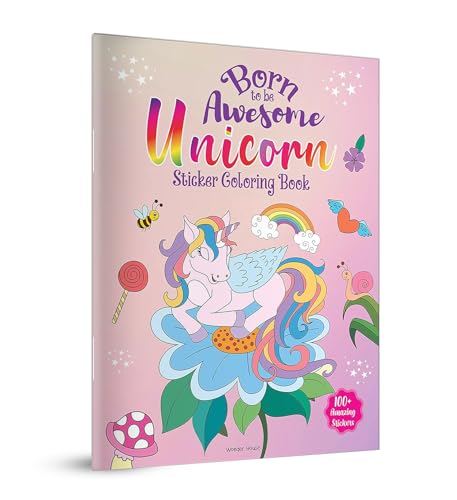 Sticker coloring book cover featuring a unicorn sitting on a flower on pink background.