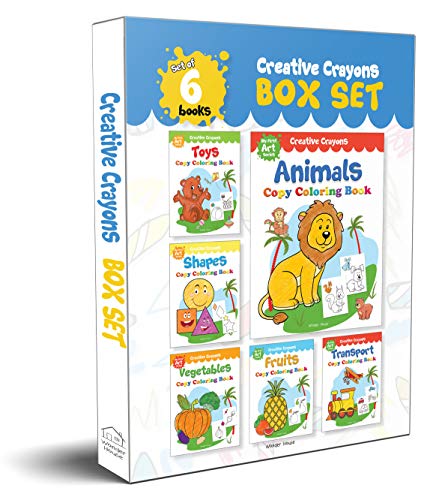 A box set containing six different children's copy coloring books with various themes.