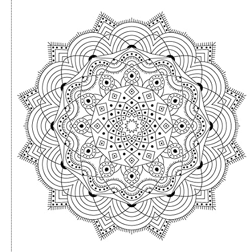 Intricate black and white mandala design on a white page.