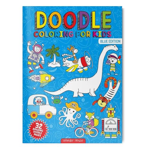 Blue coloring book cover featuring various cartoon doodles like a dinosaur, robot, and astronaut.