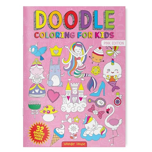 Pink coloring book cover featuring a mermaid, unicorn, castle, and various cute doodle illustrations.