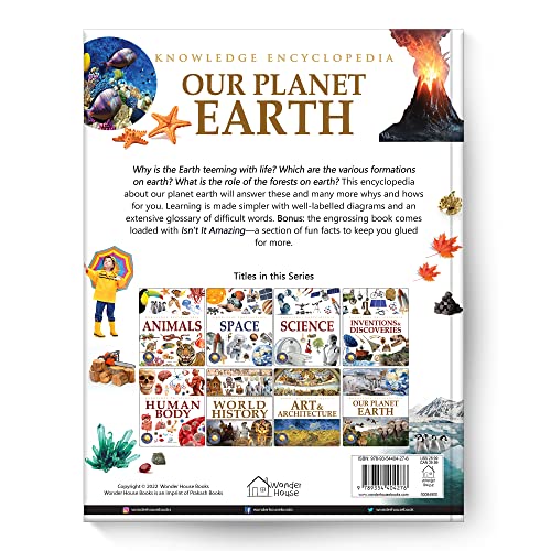 Back cover of Our Planet Earth encyclopedia showing book series titles and descriptive text.