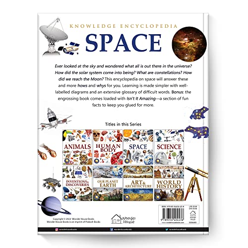 Back cover of Knowledge Encyclopedia: Space featuring book series titles, illustrations, and a barcode.