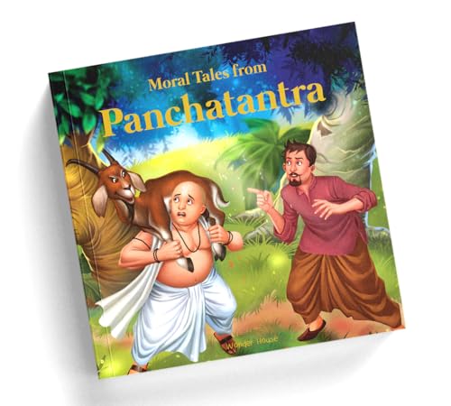 Book cover: "Moral Tales from Panchatantra" with illustrated scene of people and goats.