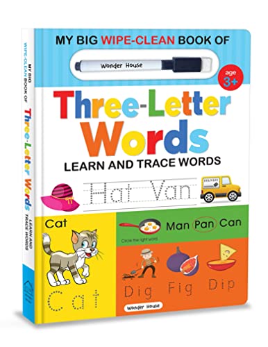 Wipe-clean book cover featuring three-letter words, illustrations, and a marker for tracing practice.