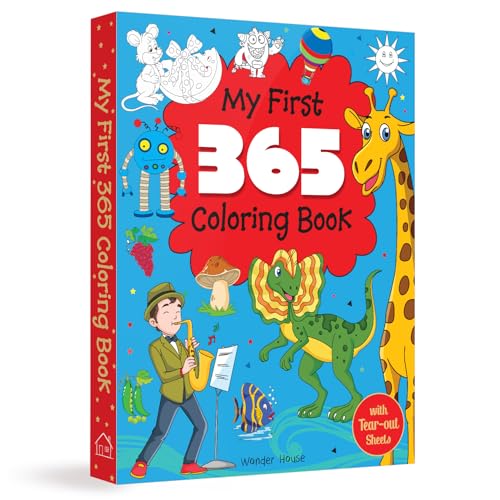 My First 365 Coloring Book cover featuring a giraffe, dinosaur, and various cartoon illustrations.