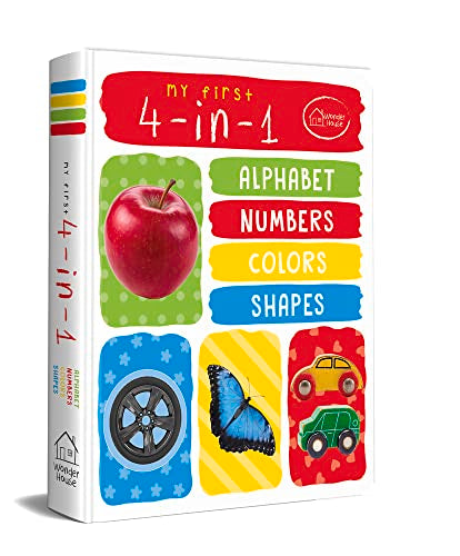 Educational board book with colorful images of letters, numbers, and objects.