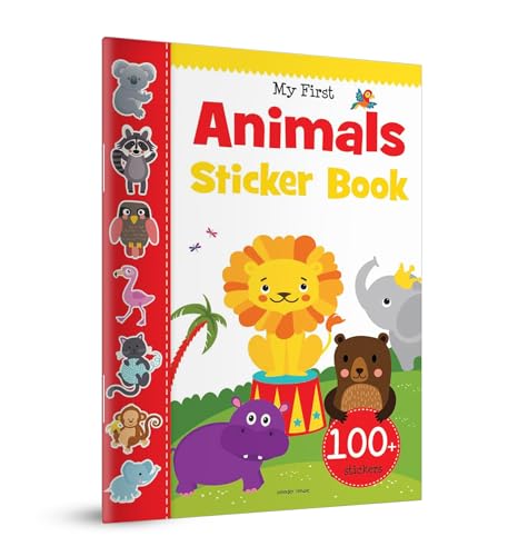 Colorful sticker book cover featuring various cartoon animals and a lion.