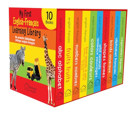 Ten colorful English-French bilingual board books stacked with animal illustrations.